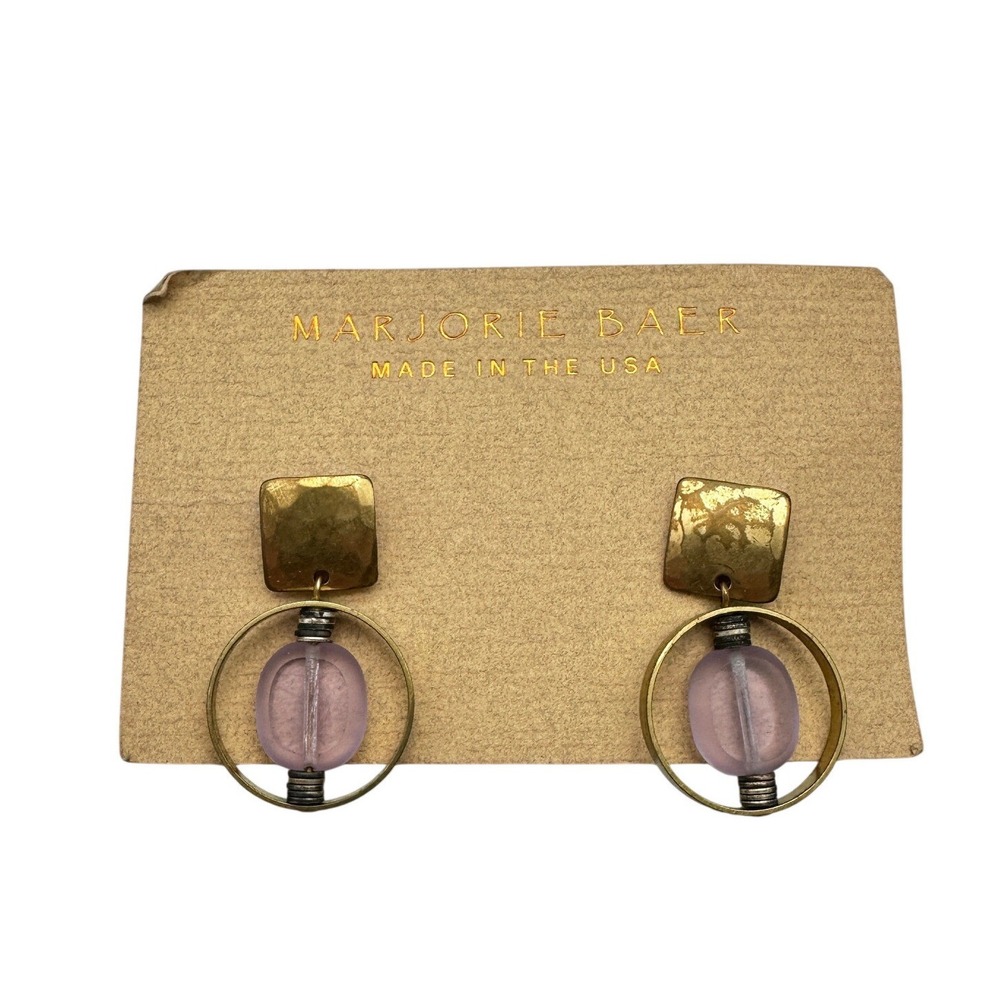 Vintage Marjorie Baer Mixed Metal Hammered Brass Lavender Glass Drop Earrings